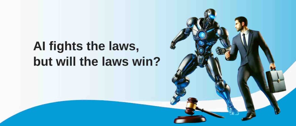 AI vs the laws - lawyer with brief case fighting a robot